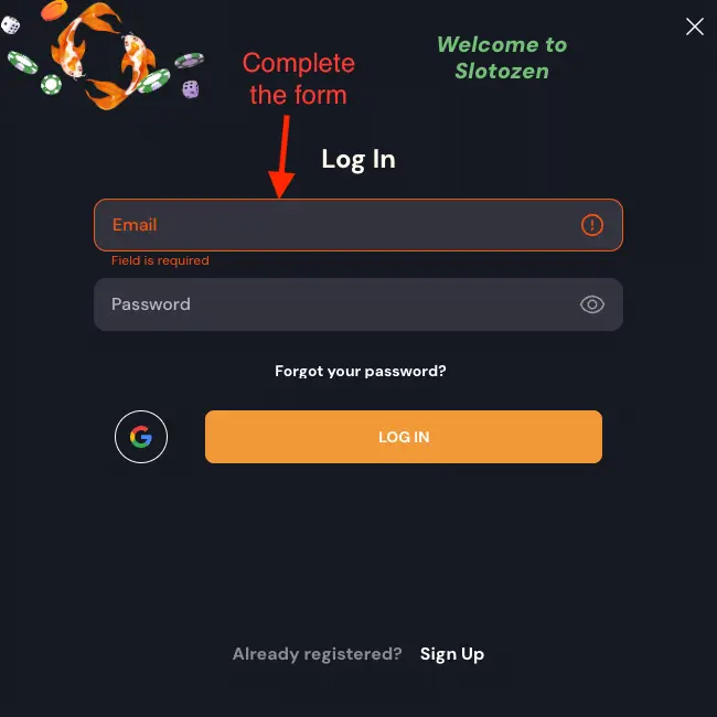 Slotozen Casino Login Form