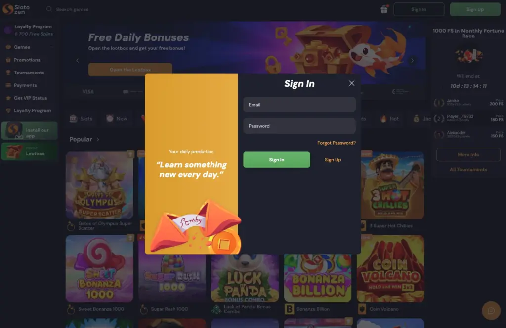 Slotozen Login Form