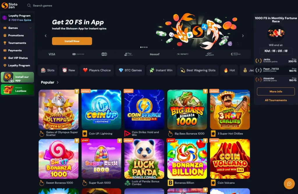 Slotozen Casino Main Page Screeshot